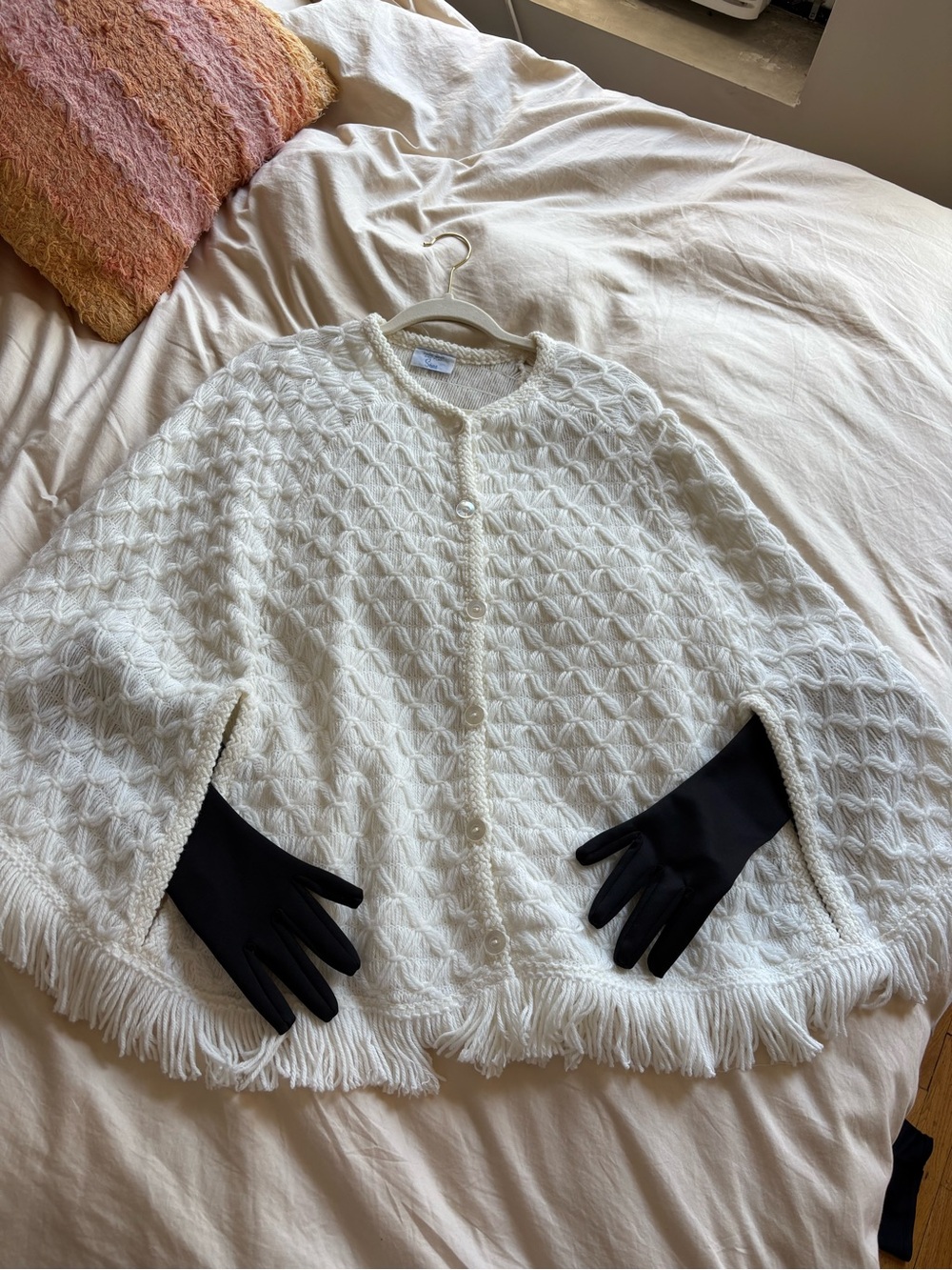 1960s Vintage Sears Cream Knit Fringe Button Cape poncho
